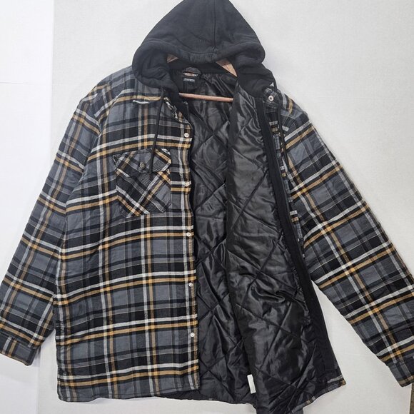 Dickies Shirt Jacket Men's XL  Gold/Tan Plaid Solid Black Hood Outdoor Workwear - Picture 1 of 11